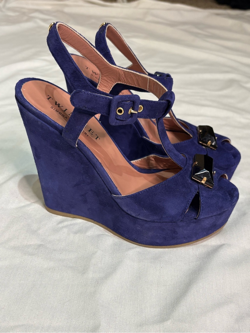 Twin-Set Deep Blue Suede Platform Wedge Sandals